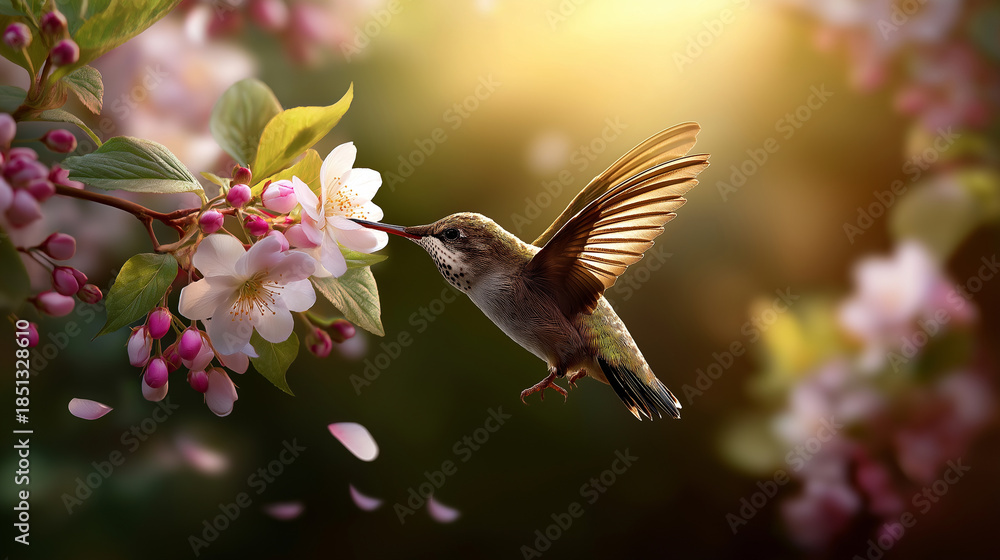 Obraz premium Artistic depiction of hummingbird sipping nectar from blossoms, scattered petals, gentle sunlight, serene nature scene, wildlife art, with copy space