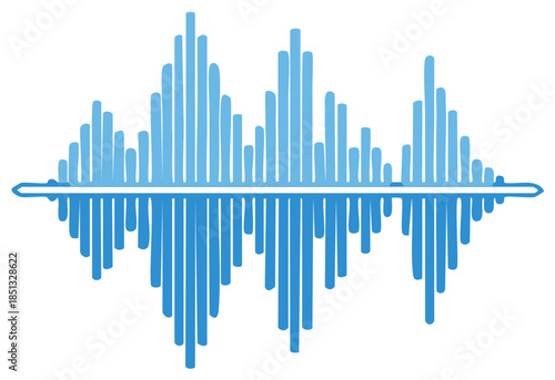 Blue digital sound wave form reflecting below on a white background