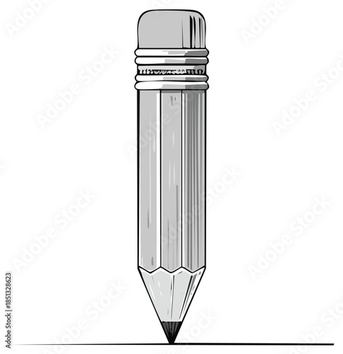 Graphic short gray pencil with eraser tip drawing a precise straight line