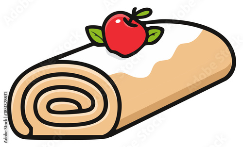 Sweet Swiss Roll Cake Dessert with Cream and Apple Topping in Vector Illustration Style. Pastry Icon Design.