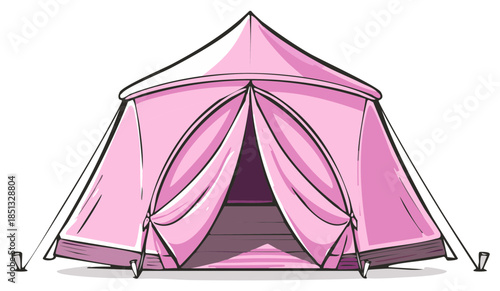 Pink Camping Tent Illustration with Open Entrance and Guy Ropes for Outdoor Adventures