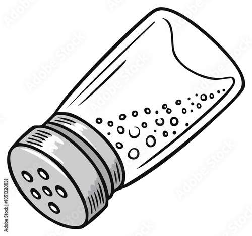 A tilted glass salt shaker with salt crystals drawn in a black and white cartoon style