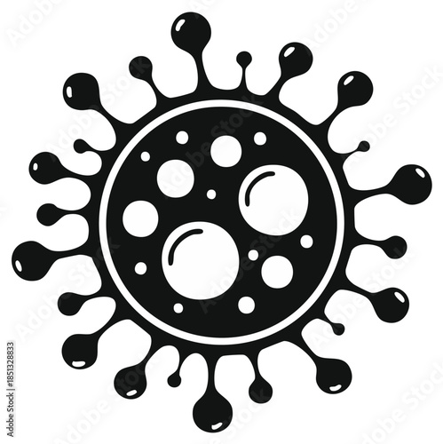 Stylized Coronavirus Vector Art Showing Cell Structure, Spikes, and Surface Proteins in Black and White