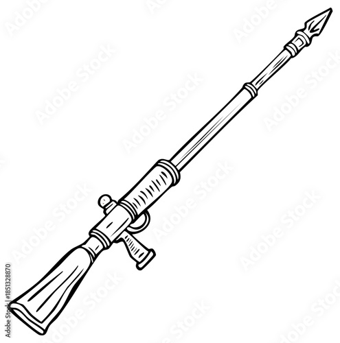 Outlined illustration of an old-fashioned spear gun, weapon