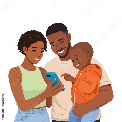 Parents and their child sharing a joyful moment looking at a smartphone.