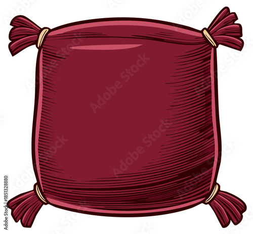 Elegant red decorative cushion with corner tassels in a vintage woodcut illustration style