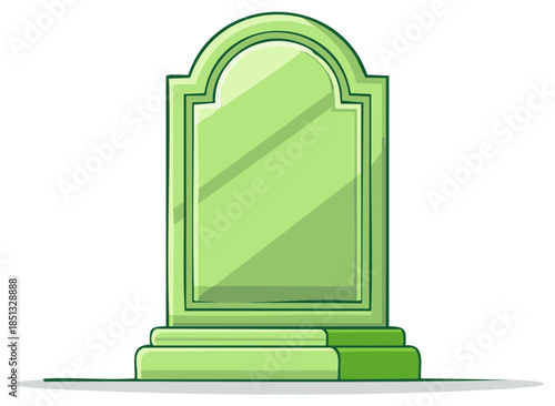 Illustration of a cartoon green tombstone with a decorative arch top and base, isolated on white.