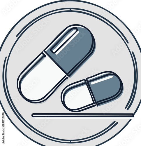 Two medicines on a plate isolated, pharmaceutical drugs treatment, health care and illness concept, graphic medical illustration