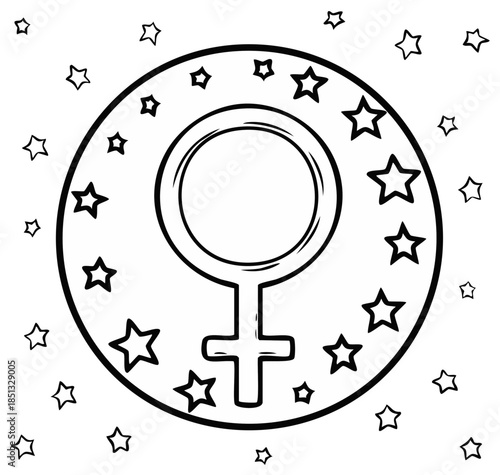 Venus symbol encircled by stars representing femininity and cosmic energy