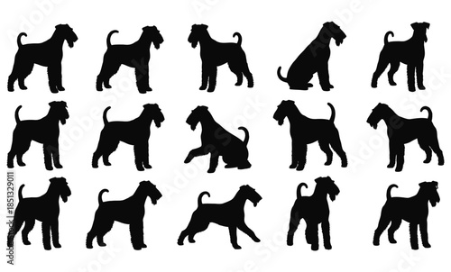 A collection of wire-haired terrier silhouettes displaying different poses and movements