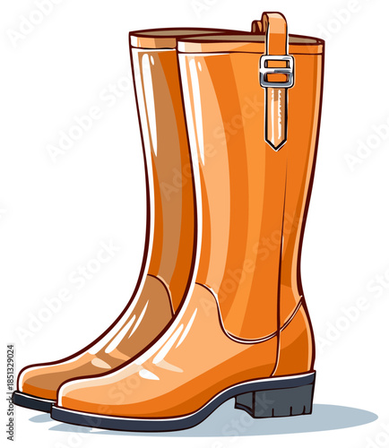 Stylish Orange Rain Boots with Buckle Detail Vector Illustration