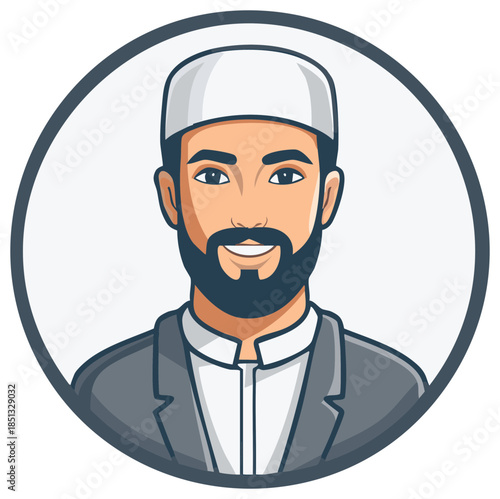Cartoon portrait of a smiling Muslim man with a beard wearing a traditional cap and suit
