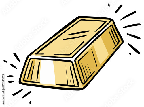 Hand drawn illustration of a shiny gold bullion bar with emanating sparkles