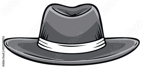 Classic Grey Fedora Hat with White Band, Stylized Drawing