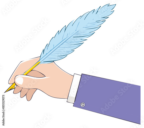 Hand writing with feather pen, quill in hand, purple suit sleeve, cartoon drawing illustration