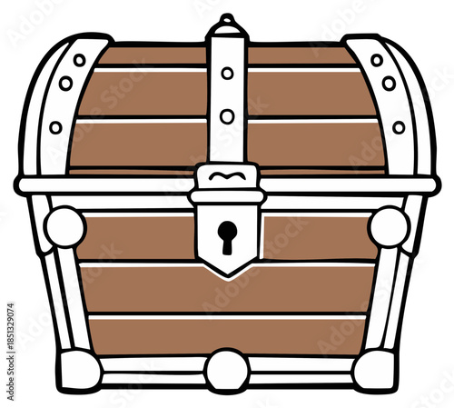 Simple flat design drawing of a closed wooden treasure chest with metallic straps and a keyhole lock