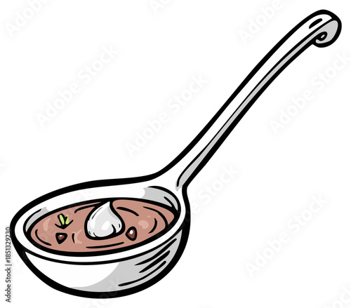 Delicious hearty soup in a serving ladle topped with fresh cream and herbs vector illustration