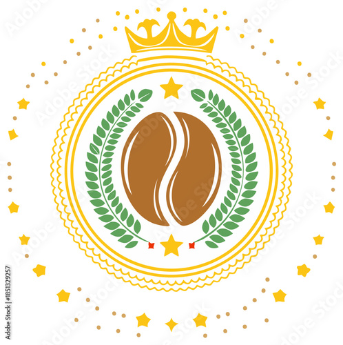 Coffee bean emblem design with a crown and star decorations, a symbol of quality and premium
