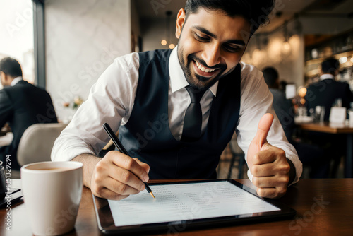 Indian male waiter in cafe working writing client order in digital tablet smiling at camera showing thumb up cafeteria worker Arabian barista man noting down menu on computer show like small business