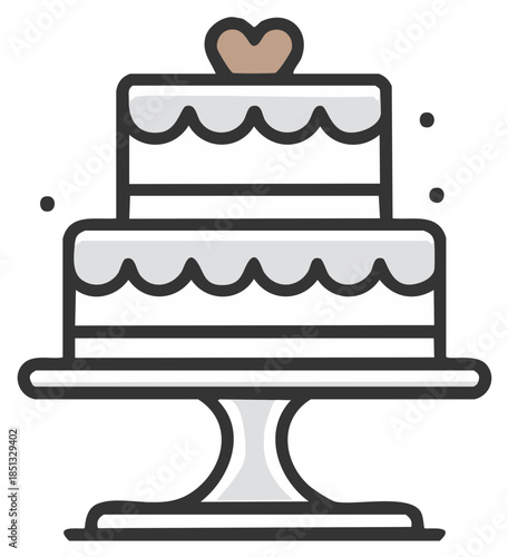 Two tier wedding cake with heart topper on a pedestal stand vector icon