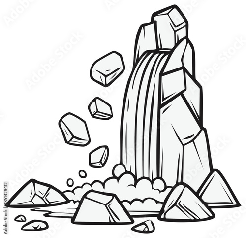 Powerful waterfall and rockslide on a mountain cliff in a black and white cartoon style