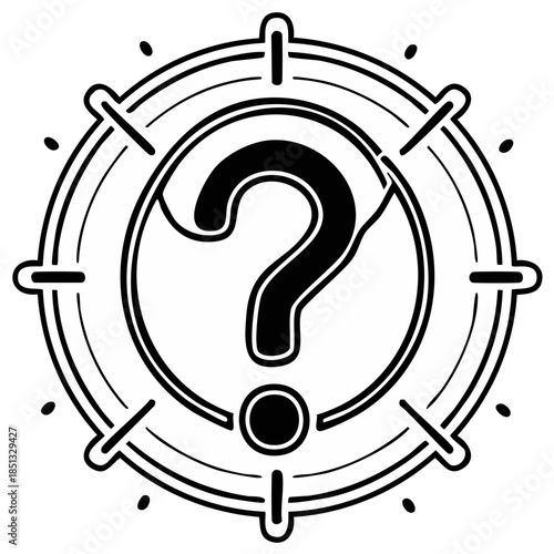 Black and white question mark inside of a circle with a unique design element