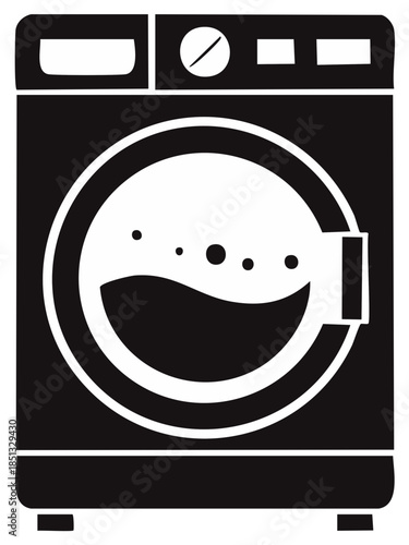 Washing machine silhouette illustration, front view, monochrome design