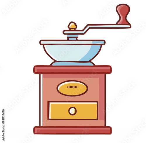Cartoon illustration of a vintage coffee grinder with a hand crank in a retro style.