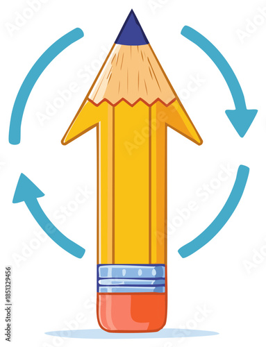 Yellow pencil with an arrow shape surrounded by rotating blue arrows