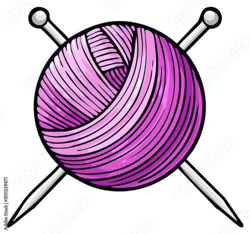 Purple Yarn Ball with Knitting Needles Illustration for Crafting Projects, Handiwork Designs, and Creative Visuals
