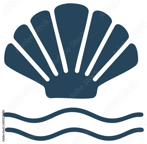 Stylized seashell and waves icon in dark blue, summer beach design