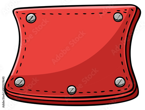 Vibrant red cartoon styled curved plaque with metallic studs and decorative stitching