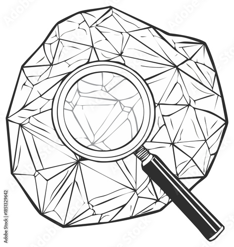 Magnifying Glass Inspecting a Crystalline Rock Line Art Illustration