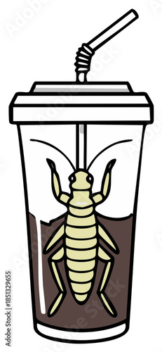 Insect in a cup of liquid, showing an insect floating inside a cup, vector illustration of a cup with a straw containing a bug or insect