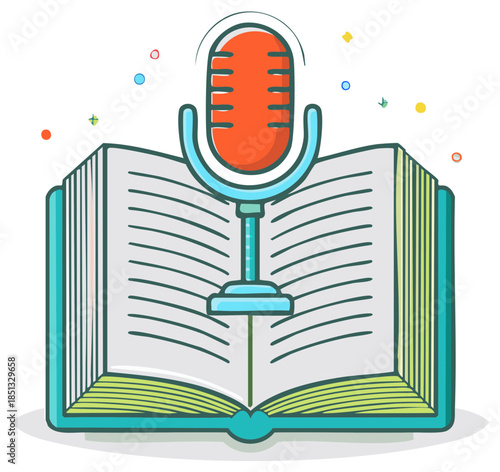 Open book with a microphone as an icon for educational audio podcast, illustration