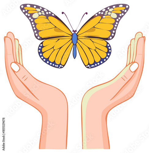 Gentle Hands Cup a Beautiful Orange Butterfly in Flight