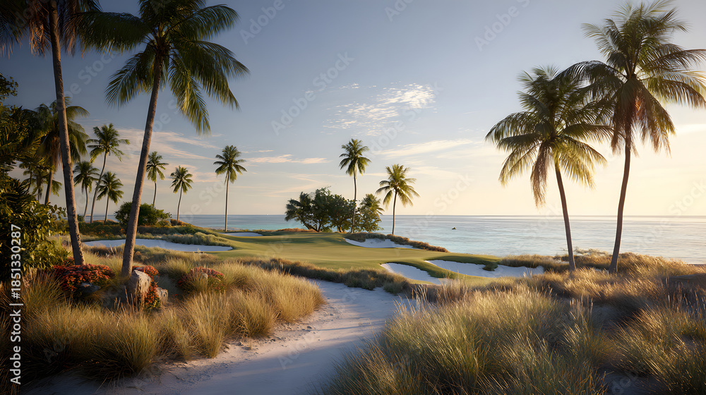 Obraz premium Sunset on a tropical beach with palm trees and ocean view