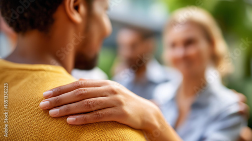 Supportive hand on friend's shoulder, soft out-of-focus group setting, compassion and connection display, peer support in mental health, defocused background, with copy space