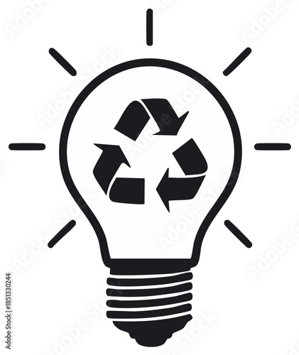 Recycling symbol inside a light bulb with radiating light rays, conceptual icon for green energy and sustainability