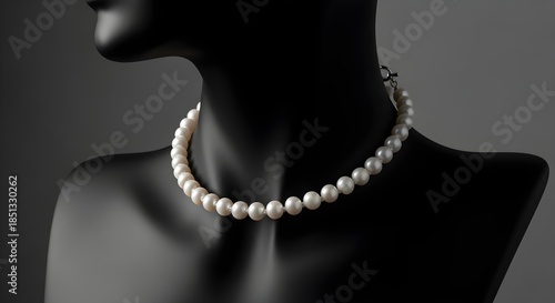A creatively enhanced rephrasing of pearl choker displayed on matte black bust with elegant soft shadows, depicted with richer detail and a more artistic presentation.
