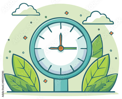 Stylized clock face with leaves and clouds in a modern illustration