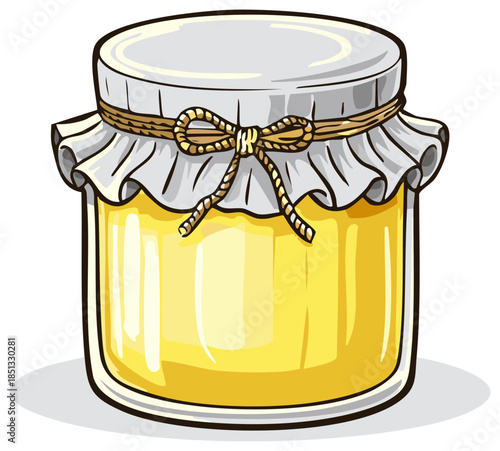 Cartoon Style Glass Jar with Yellow Contents and Fabric Top Cover