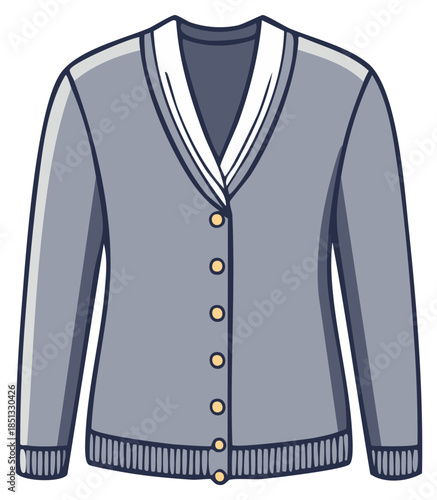 Fashionable gray cardigan sweater with white trim and buttons for women casual clothing