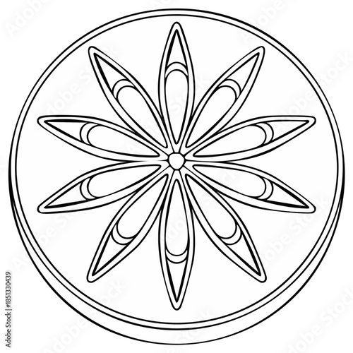 Abstract geometric flower medallion symbol, black and white line drawing illustration