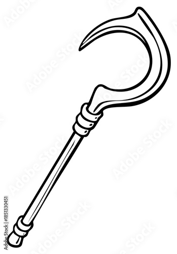 Black and white illustration of a stylized scythe.