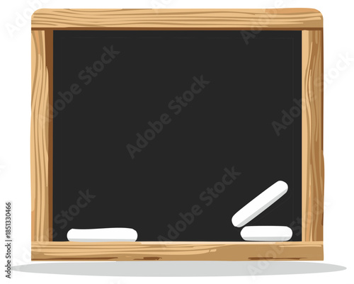 Blank blackboard with wooden frame and two pieces of chalk, empty chalkboard surface for text, message