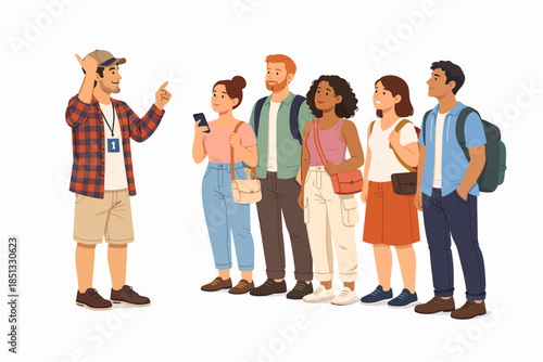 Traveler group exploring their surroundings with curiosity under the guidance of a tour guide.