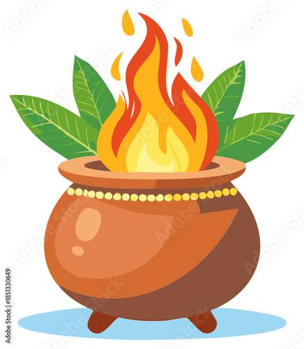Earthen Pot with Flames and Leaves Cartoon Style Illustration Celebratory Ritual Fire Offering Sacred Icon