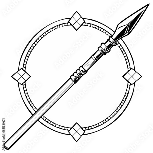 Ornate Spear with Circle Frame in Retro Illustration Style Design Element