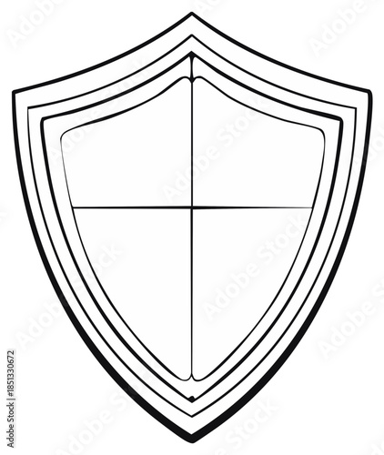 Minimalist line art illustration of a classic shield icon with internal quadrants